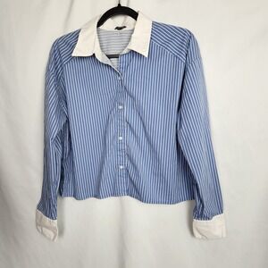 Express Womens Cropped Boyfriend Portofino Button Up Shirt Striped Size Medium